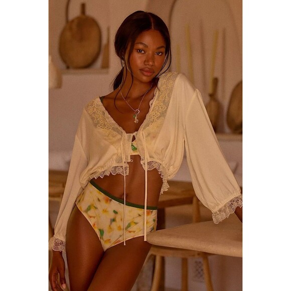 Anthropologie LyreBird Satin Buttondown Blouse Top Floral Lace Coverup L 281500 - Picture 1 of 9